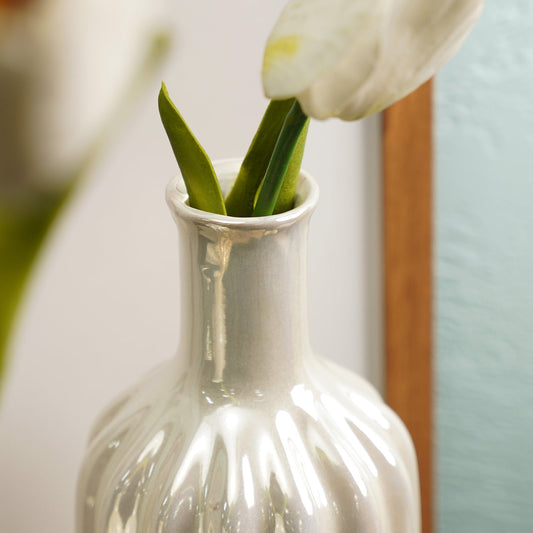 Ivory Pearl Finish Ribbed Ceramic Vase - Small