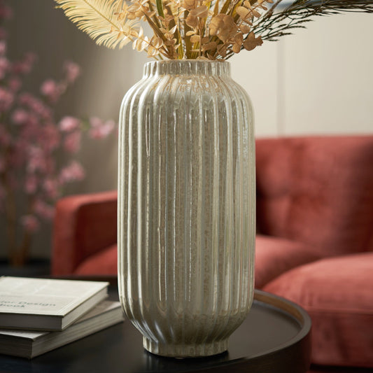 White Ribbed Ceramic Vase - Large