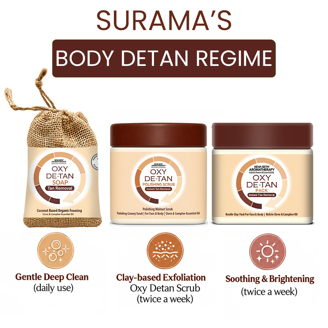 Surama’s Body Detan Ritual with Oxy Detan Soap, Oxy Detan Scrub, & Oxy Detan Pack - Exfoliates, Removes Tan, Brightens & Locks Skin Hydration
