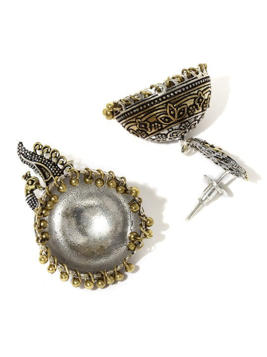 Rubans Oxidized Dual Tone Peacock Stud Metal Jhumki Earring Gold
