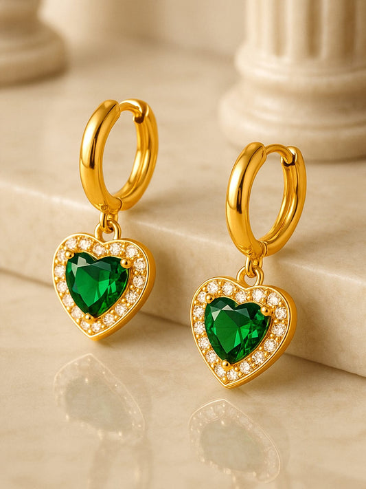 【Rubans】 Contemporary Emerald Zirconia Hoop Drops|18K ゴールドメッキ ステンレススチール エメラルド CZ ドロップイヤリング
