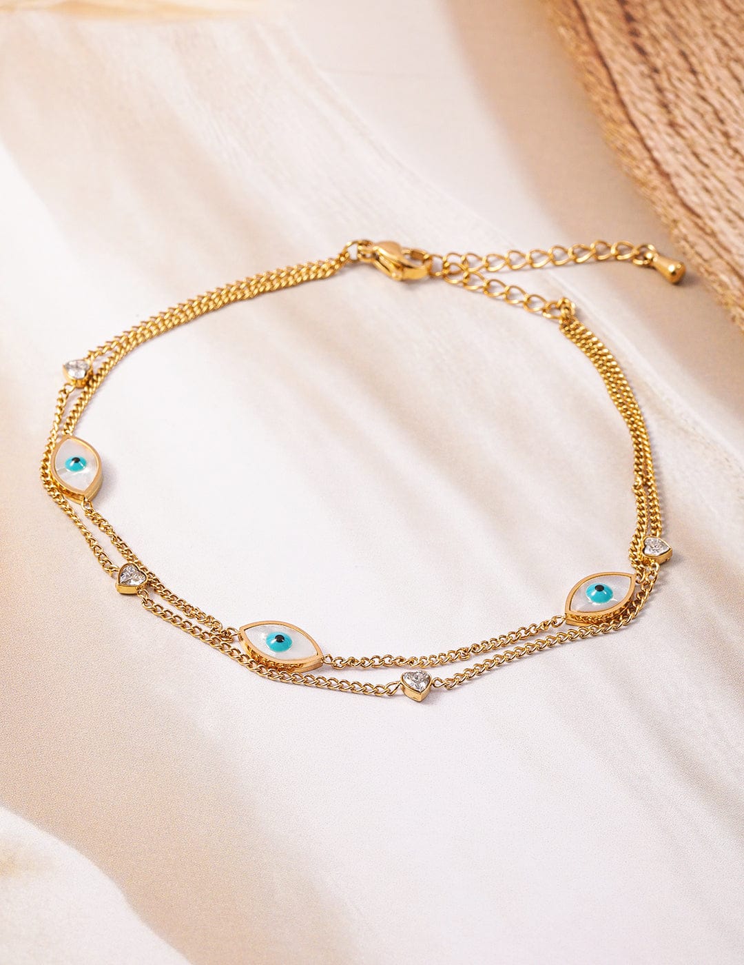 【Rubans】 18K Gold Plated Stainless Steel Tarnish-Free Waterproof Evil Eye & Heart Charm Anklet|18K ゴールドメッキ ステンレス イーヴィルアイ&ハート チャーム アンクレット