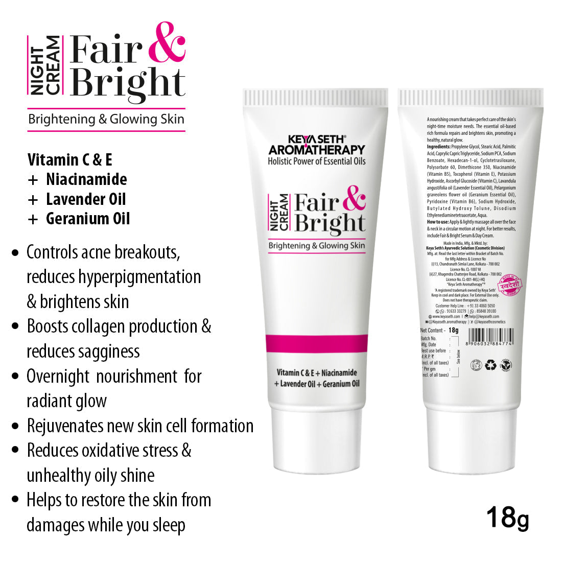 Fair & Bright Night Cream, Skin Brightening, Whitening, with Vitamin C, B3 & B6 Moisturizer with Lavender & Geranium Essential Oil 18g