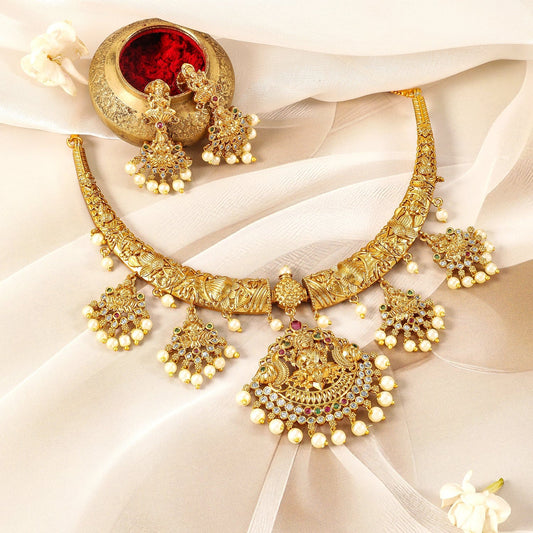 American Diamond Zirconia Necklace Set with Laxmi Motif Gold