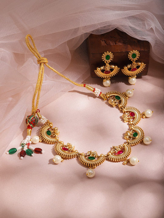 Red & Green Half Moon Pearl Necklace Set Gold