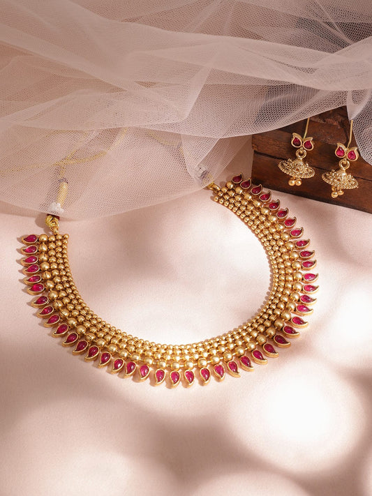 Ruby Studded Gold Necklace Set Red