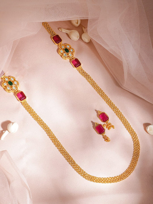 Ruby-Studded Long Golden Necklace Set Pink