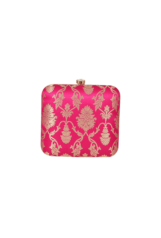 Fuchsia Brocade Box Clutch with Sling