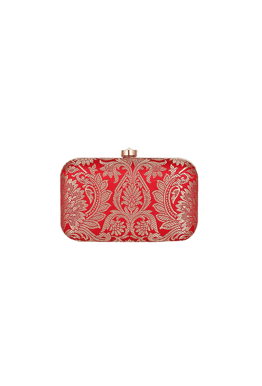 Cherry Red Brocade Box Clutch with Sling
