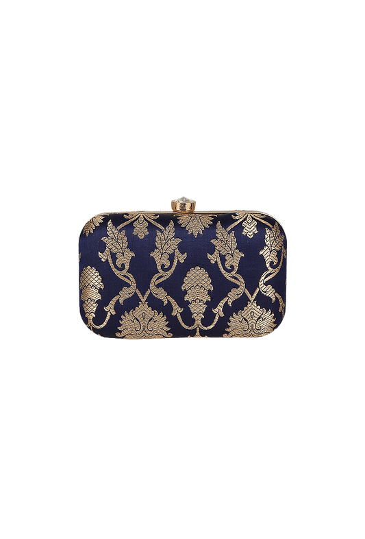 Royal Blue Brocade Box Clutch with Sling