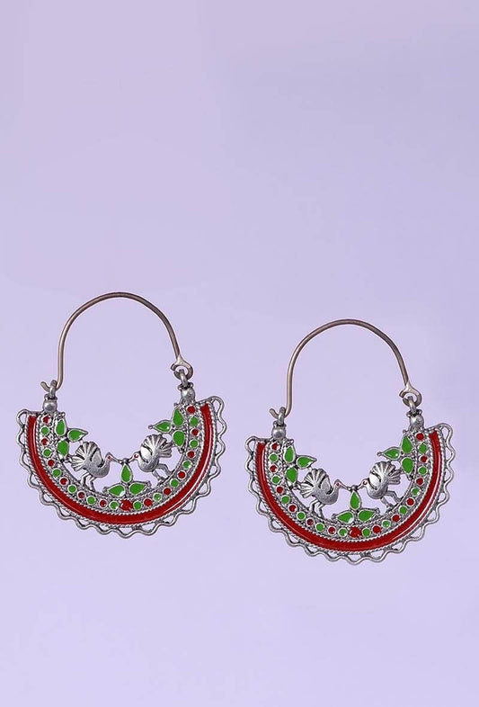 Red-Green Silver Plated Enamel Earrings
