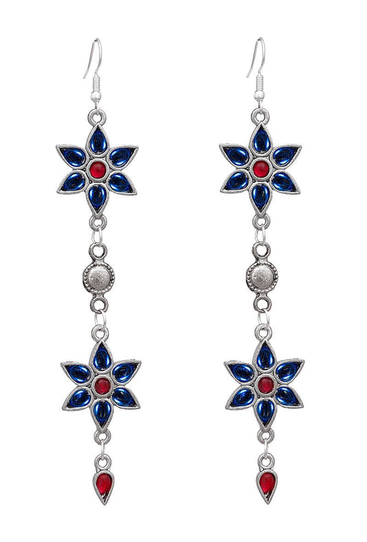 Blue-Pink Afghan Floral German Silver Earrings