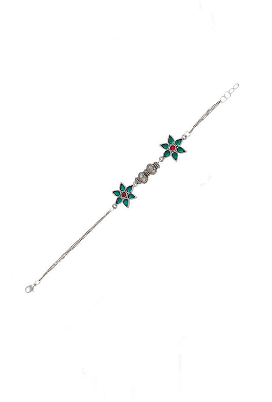 Green-Red German Silver Afghan Bracelet