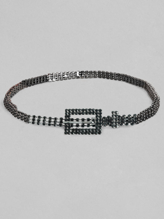 【Rubans】 Women's Black Metal Handcrafted Zircon Stone Belt|ブラックメタル ハンドクラフト ジルコニアストーン ベルト(ウエストベルト)