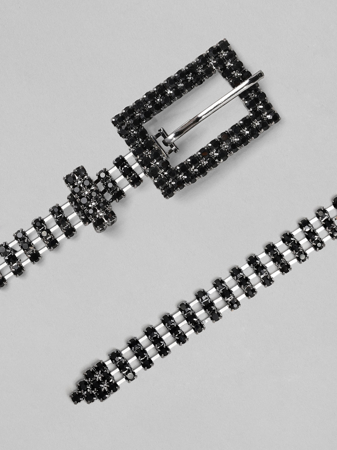 【Rubans】 Women's Black Metal Handcrafted Zircon Stone Belt|ブラックメタル ハンドクラフト ジルコニアストーン ベルト(ウエストベルト)