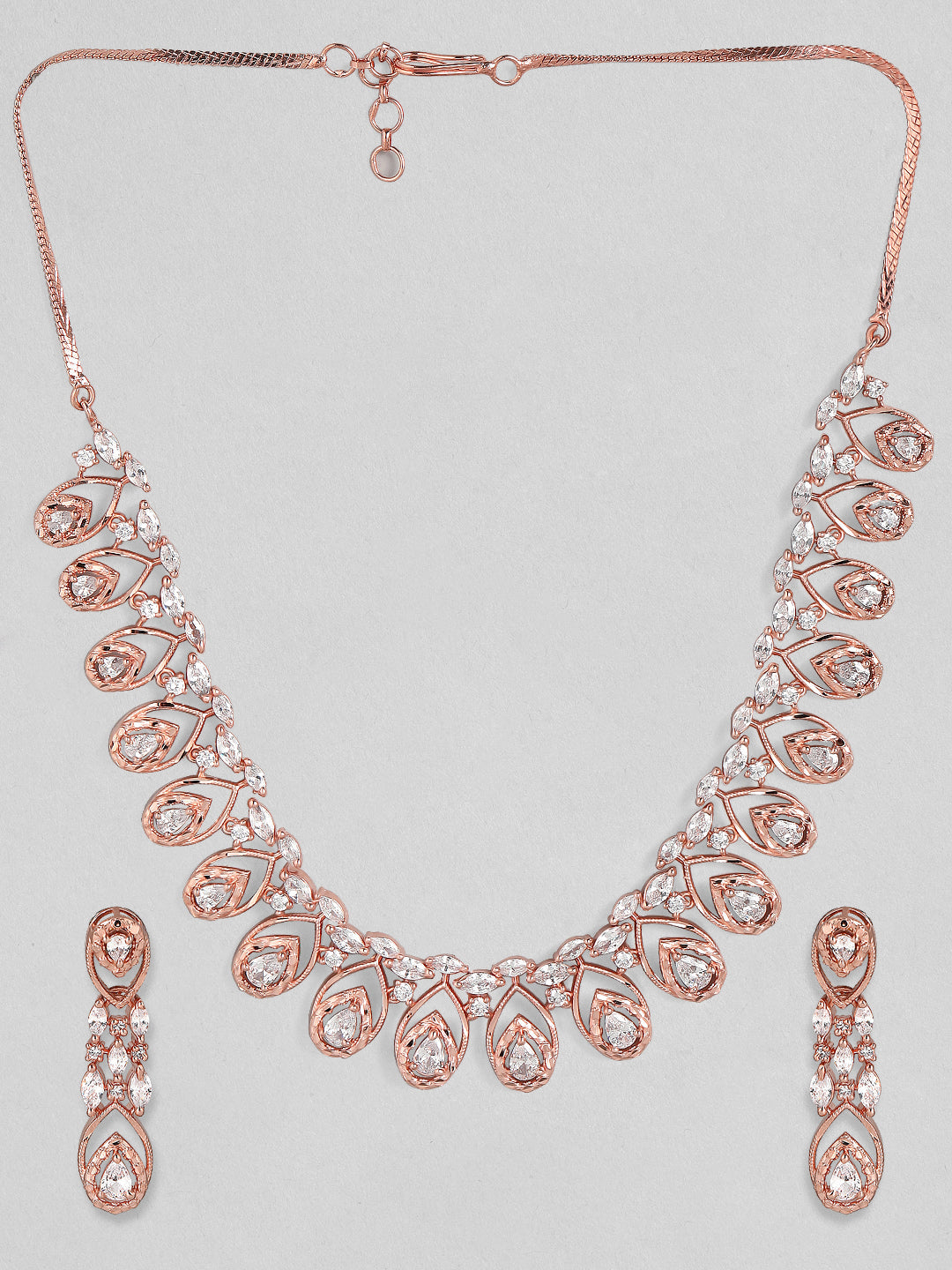 Rubans Zircon Studded Handcrafted Rose Gold Plated Statement Necklace Set Rose Gold