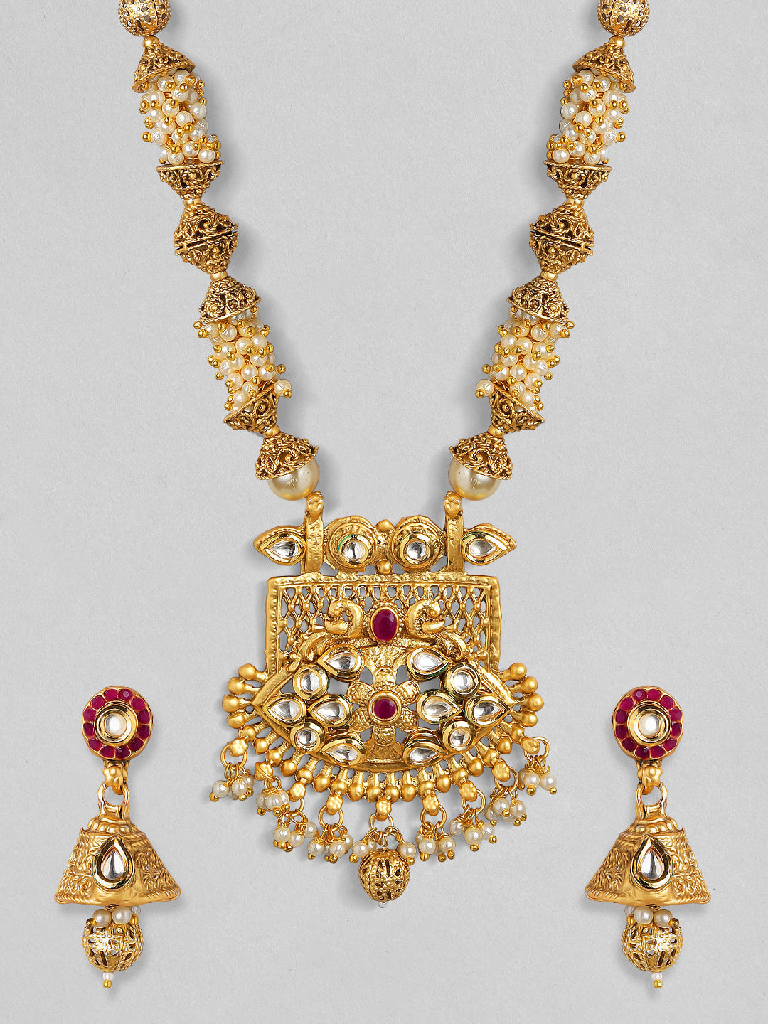 【Rubans】 24K Gold Plated Handcrafted White Kundan & Antique Gold Filigree Beads Necklace Set|24Kゴールドメッキ ホワイトクンダン&アンティークゴールド フィリグリービーズ ネックレスセット