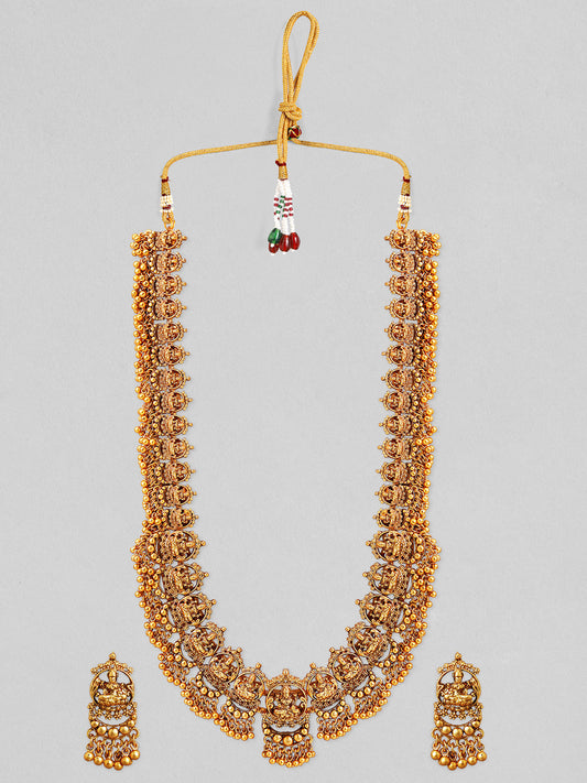 Rubans 22K Gold-Plated Divine Lakshmi Motif Temple Jewellery Set with Gold Bead Accents Gold
