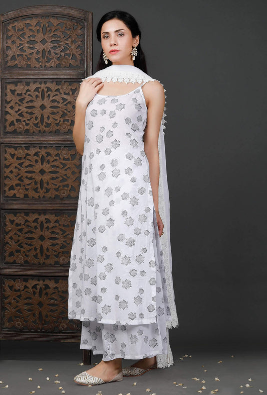Set of 3: Printed White Kurta, Culottes and White Cotton Dupatta サイズ XL