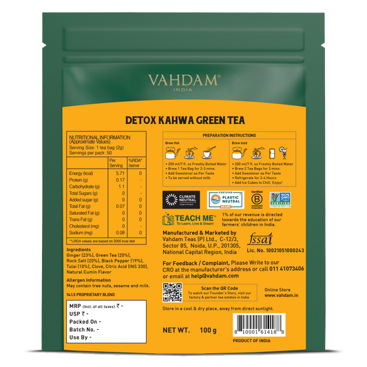【VAHDAM】 Detox Kahwa Green Tea, 50 Count|デトックス カワ グリーンティー|50 Count