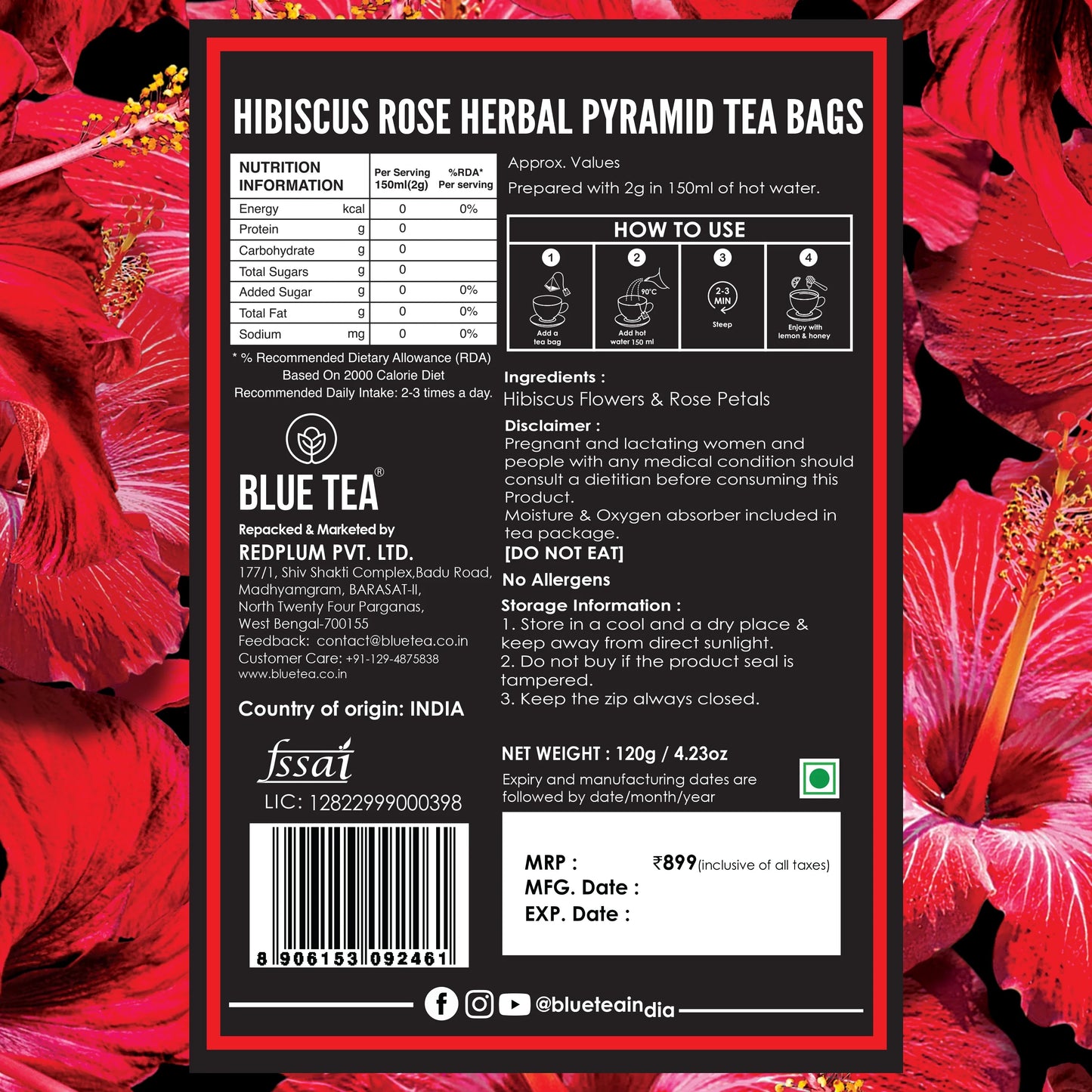 Hibiscus Rose Herbal Tea - 60 Tea Bags 60 Tea Bags