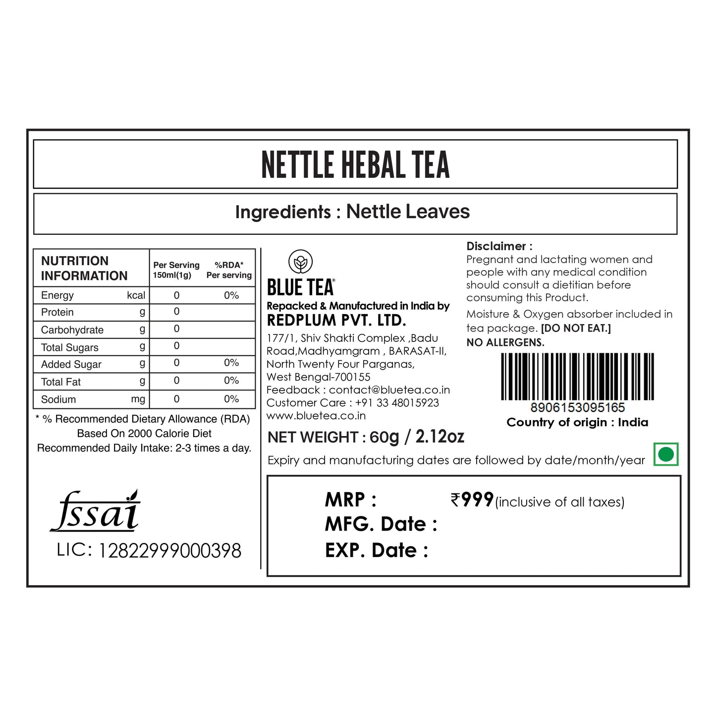 Nettle Herbal Tea - 60 Tea Bags 60 Tea Bags