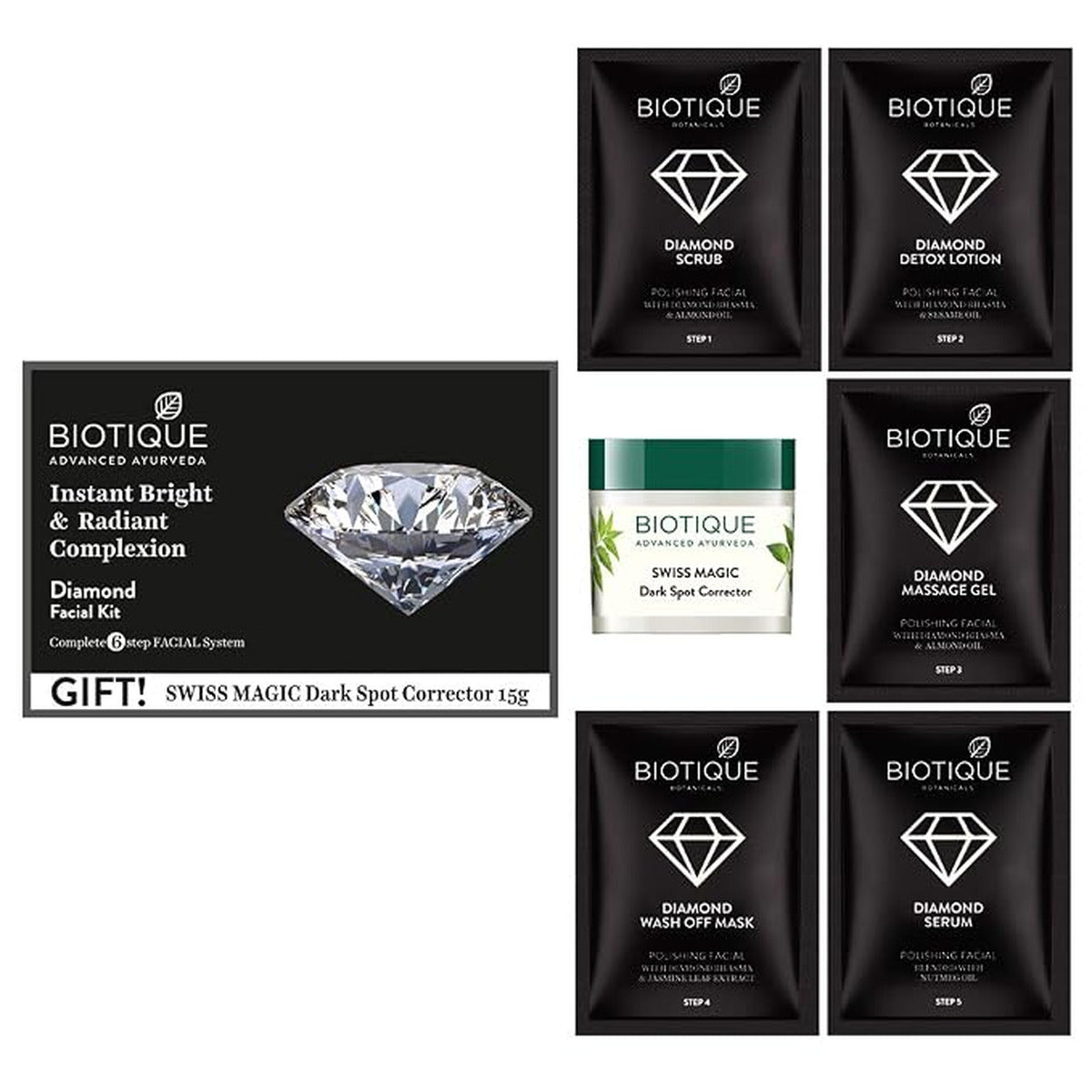 【Biotique】 Diamond Instant Bright & Radiant Complexion Facial Kit (5×10g + 15g, Pack of 2)|ダイヤモンド フェイシャルキット|5×10g+15g×2箱