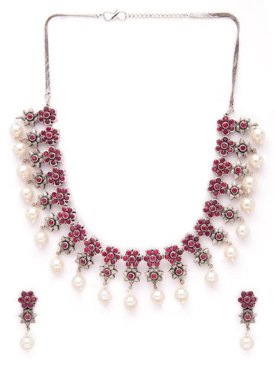 Rubans Oxidised Silver Plated Embellished With Faux Ruby Floral Necklace Set Pink