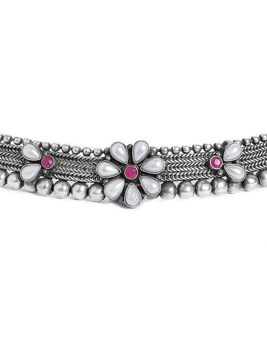 Rubans Silver Plated Handcrafted Oxidised Floral Choker Silver