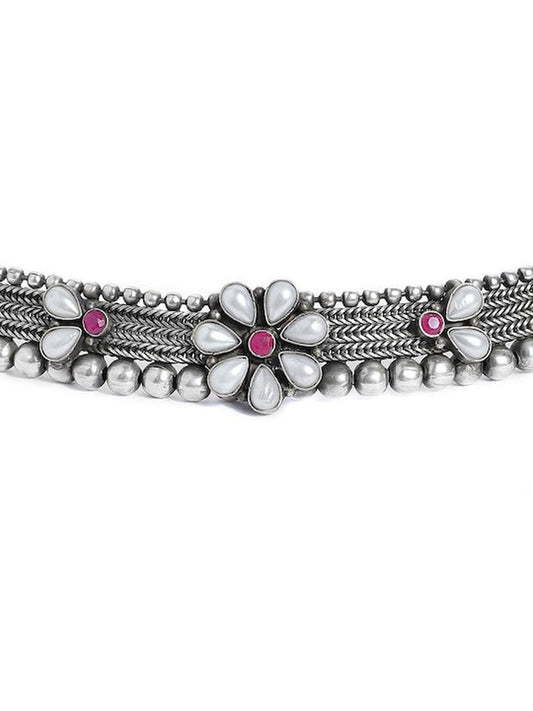Rubans Silver Plated Handcrafted Oxidised Floral Choker Silver