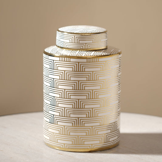 Ivory and Gold Geometric Pattern Canister - Small