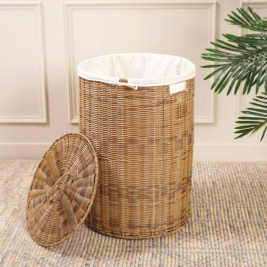 Natural Round Heather Wicker Bin with Lid