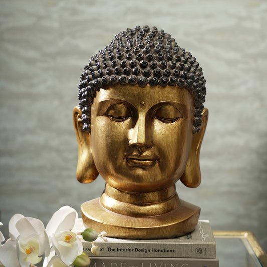 Antique Gold Polyresin Buddha Head with Round Base - Medium