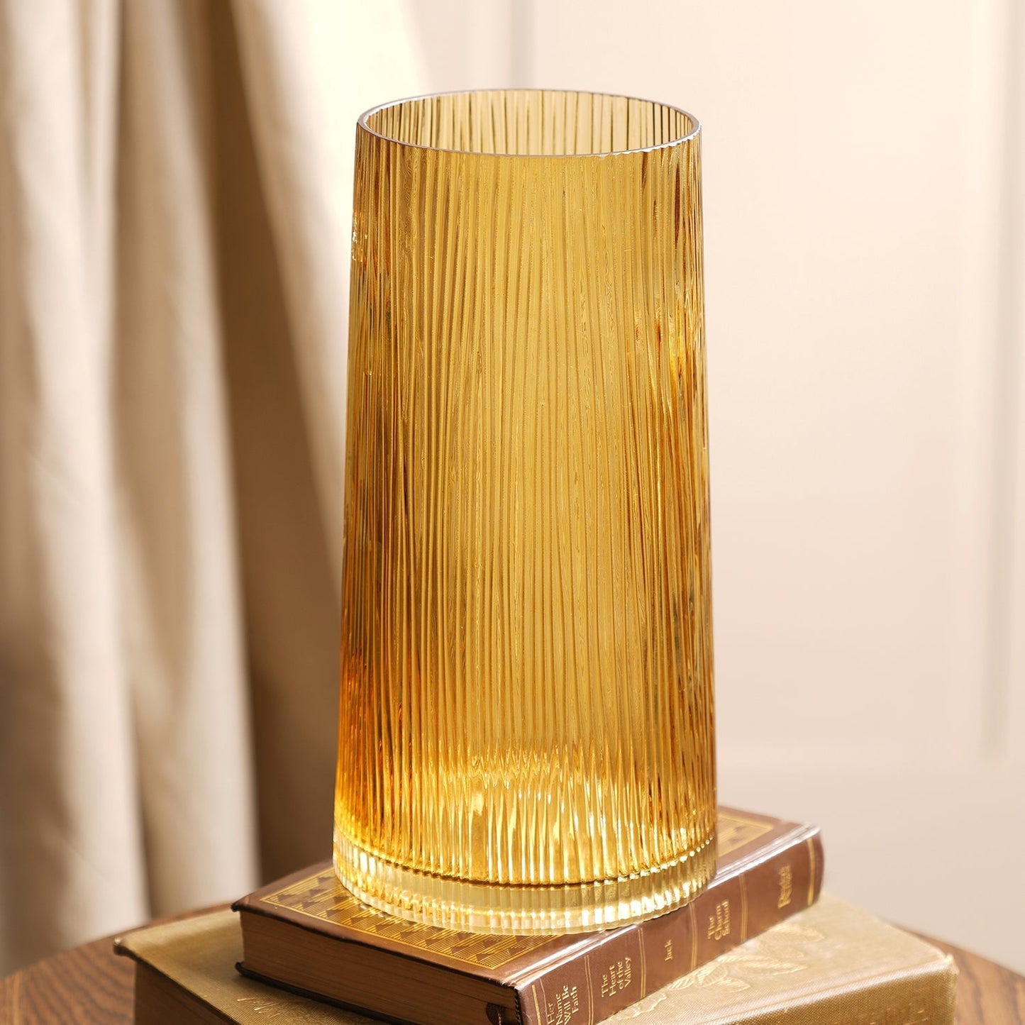 Light Brown Ribbed Cylindrical Glass Vase