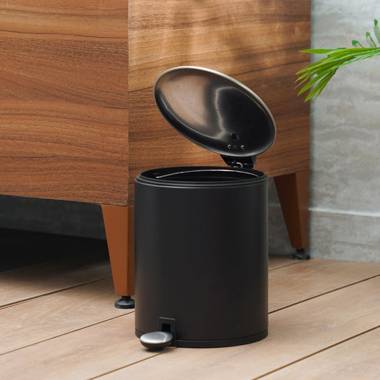 Black Iron Pedal Circular Dustbin With Lid - Small