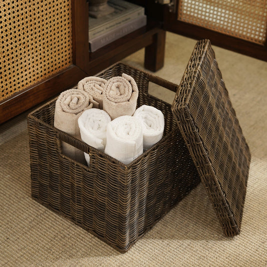 Brown Resin Wicker Multipurpose Storage Box With Lid