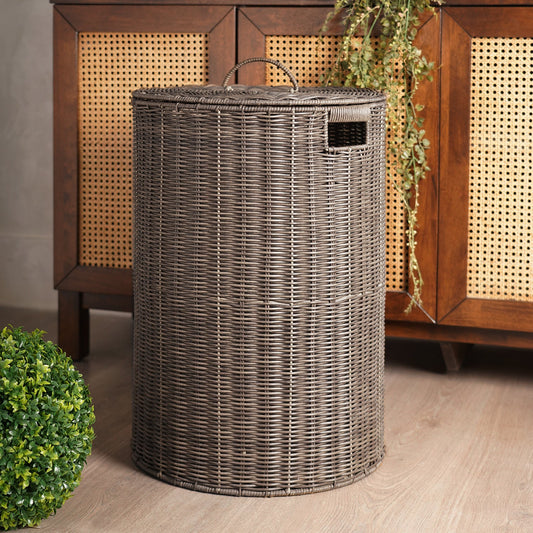 Brown Resin Wicker Laundry Basket With Lid 43.18×43.18×60.96cm