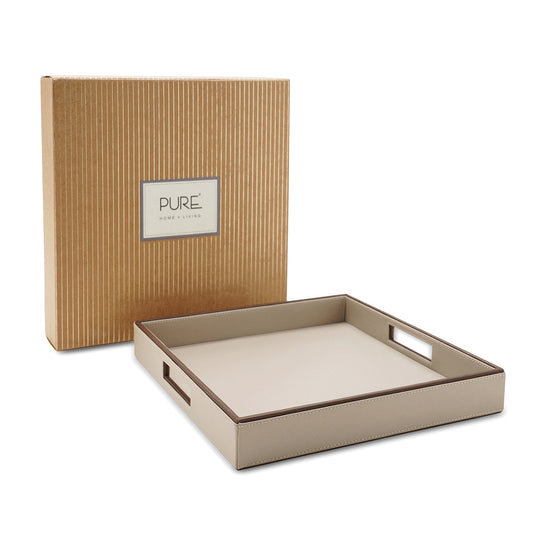 Beige Faux Square Leather Serving Tray