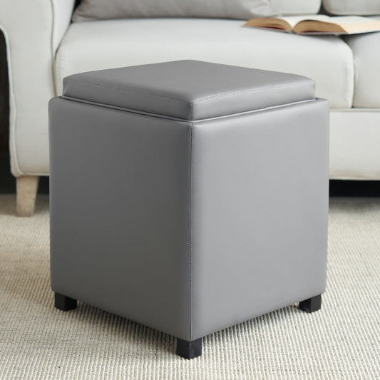 Grey Square Faux Leather Pouffe with Storage