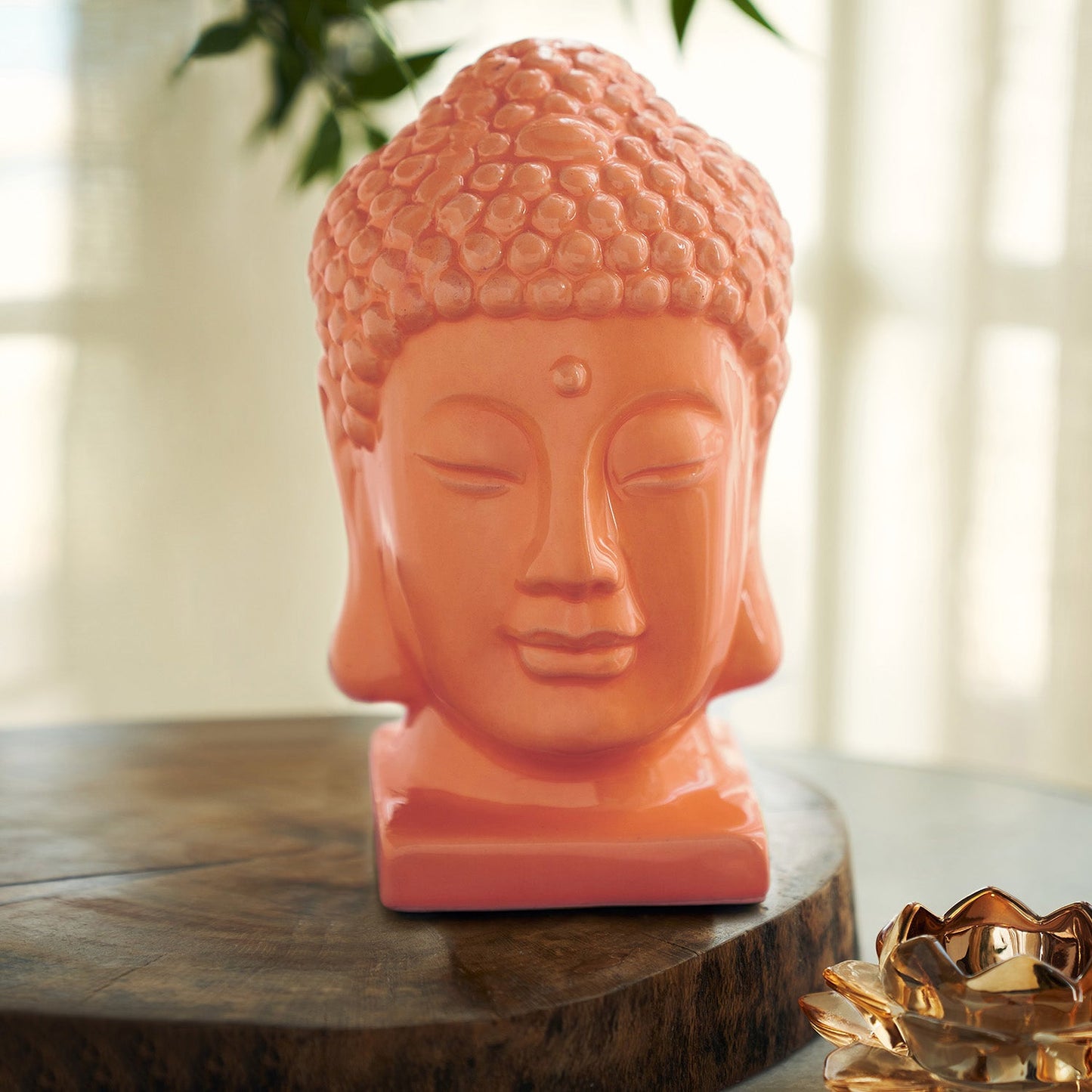 Orange Ceramic Buddha Head スモール: 10.5×9×16cm