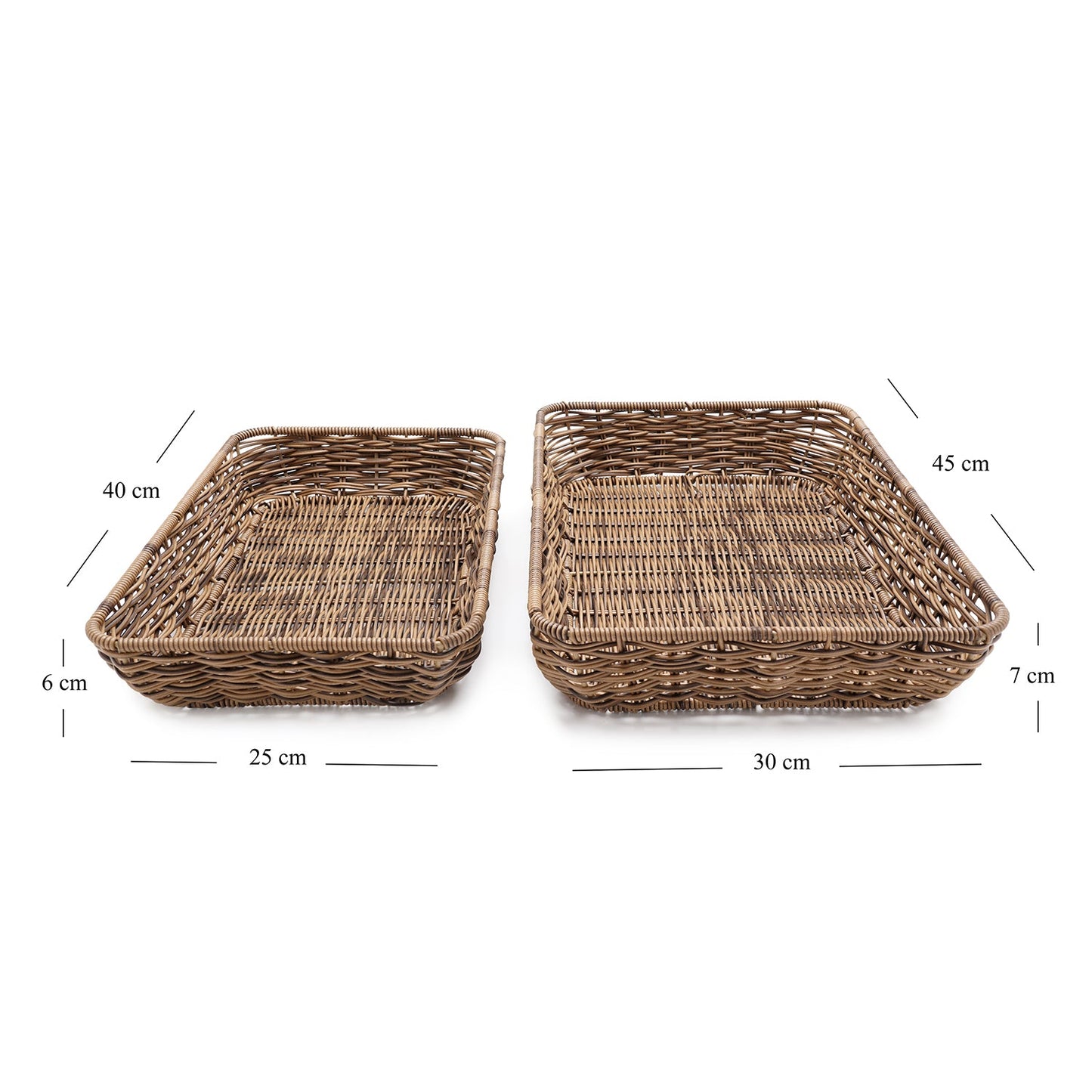 Set of 2 Light Brown Resin Wicker Trays スモール - 25×40×6CM, ラージ - 30×45×7CM