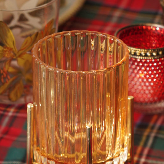 Light Brown Ribbed Hurricane with Metal Stand - Small