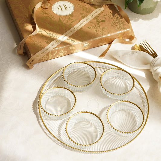 Set of 5 Clear and Gold Ribbed Bowls with Plate