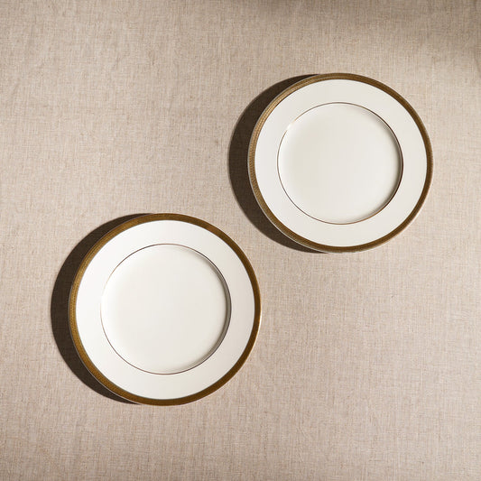 Set of 2 Ivory and Gold Rim Detail Ceramic Dessert Plates
