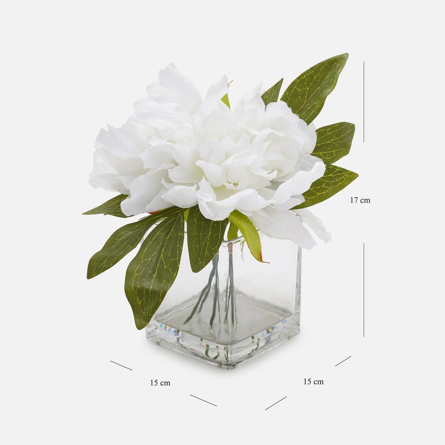 White Artificial Peony with Glass Vase