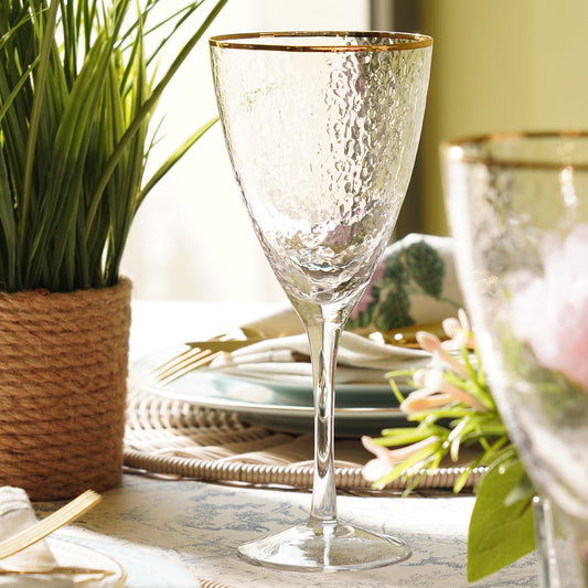 Set of 2 Clear Hammered Wine Glasses with Gold Rim