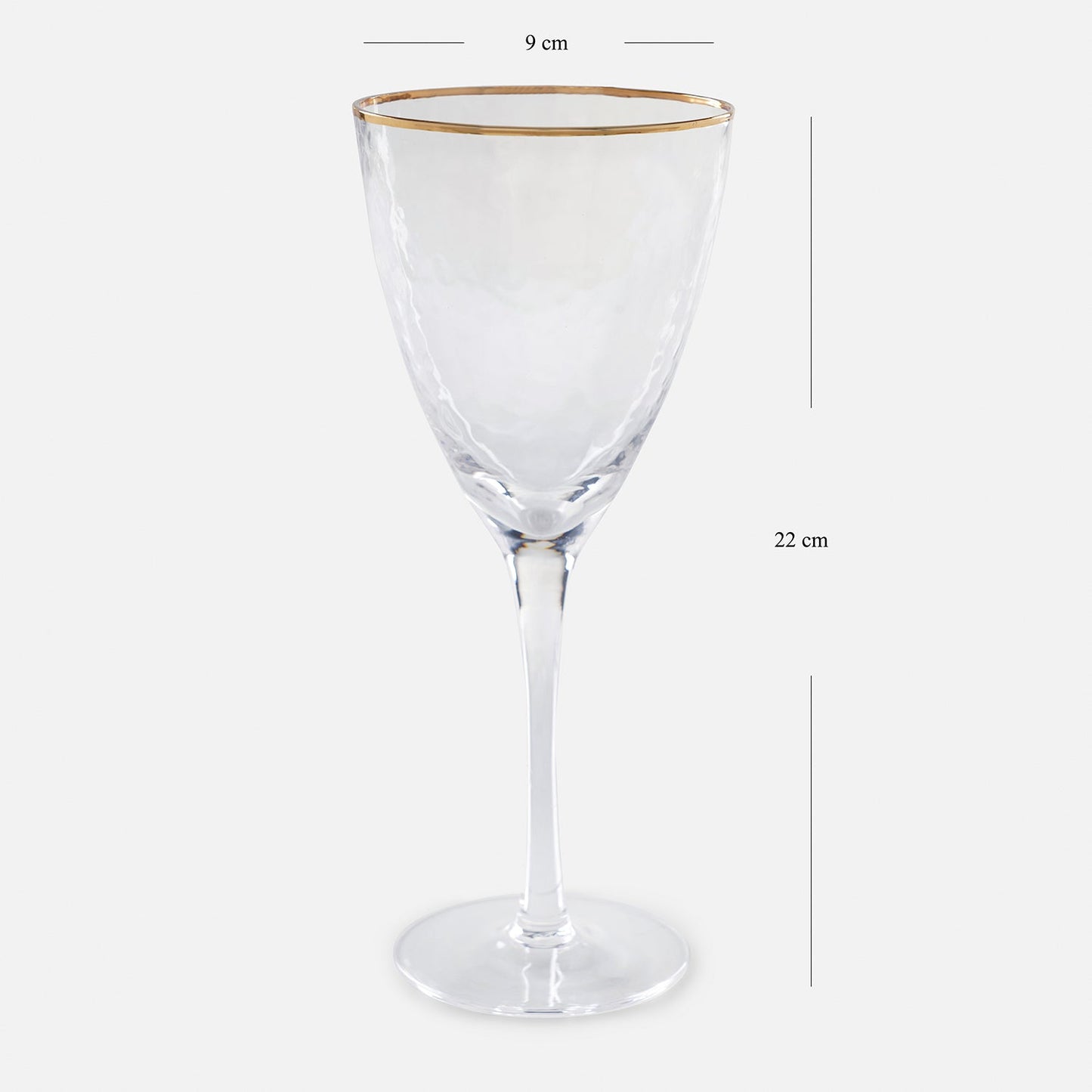 Set of 2 Clear Hammered Wine Glasses with Gold Rim