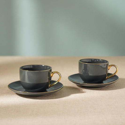 Set of 2 Dark Grey Senorita Tea Cups and Saucers