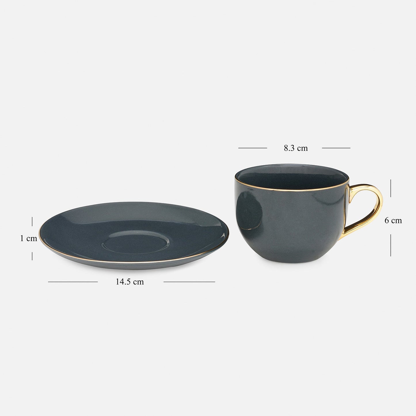 Set of 2 Dark Grey Senorita Tea Cups and Saucers