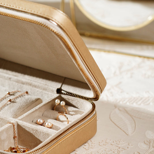 Gold Rectangle Faux Leather Travel Jewellery Box